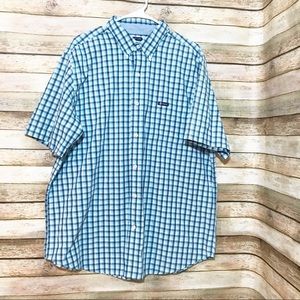 Chaps blue and white plaid button up shirt